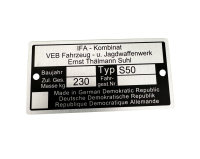 TYPENSCHILD ALU >> FÜR SIMSON S50 (NUR...